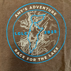 Brown t-shirt with 'Amy's Adventure Race for the Lake' graphic design featuring a map and text.