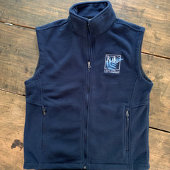 Unisex styled fleece vest, shown in navy, with embroidered LGLC logo on left pocket.