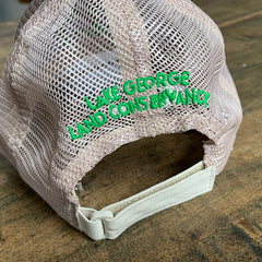 Green embroidery "Lake George Land Conservancy" on back mesh, with velcro closure.