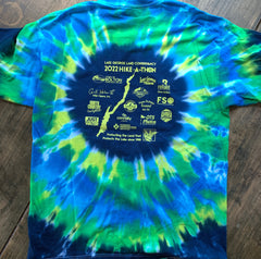 Back of 2022 Tie-Dye Hike-A-Thon Shirt; event sponsor logos are printed in yellow within the navy blue bullseye.