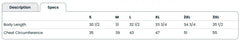 A cropped table showing size/specification information for apparel, with a Description tab and columns for S, M, L, XL, 2XL, and 3XL. Rows include Body Length and Chest Circumference.