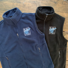 Unisex styled fleece vests, navy and black fleece shows, with embroidered LGLC logo on left pocket.