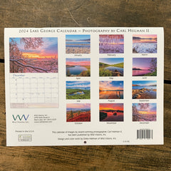 2024 wall calendar back showing monthly images, each featuring a photograph of Lake George.