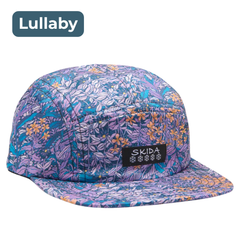 Brim hat with blue and purple floral print pattern, Skida branding on front, labeled "Lullaby."