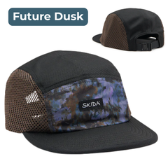 Black cap with camouflage pattern and mesh side, featuring the Skida brand, labeled 'Future Dusk'.