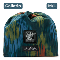 Dark bluish green beanie blue, green and orange linear pattern, with black and white embroidered labels featuring the LGLC logo and Skida logo. "Gallatin"