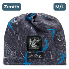Beanie with black and white topography line print and scattered bright blue soaring bird silhouettes, with black and white embroidered labels featuring the LGLC logo and Skida logo. "Zenith"