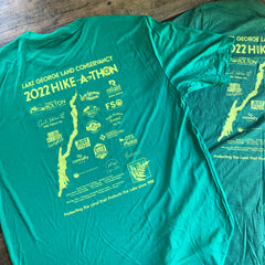 2022 Hike-A-Thon shirt backs, cotton/poly and 100%poly side by side
